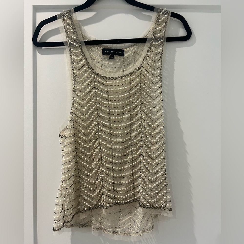 English Rose Cream Beaded Tank Top